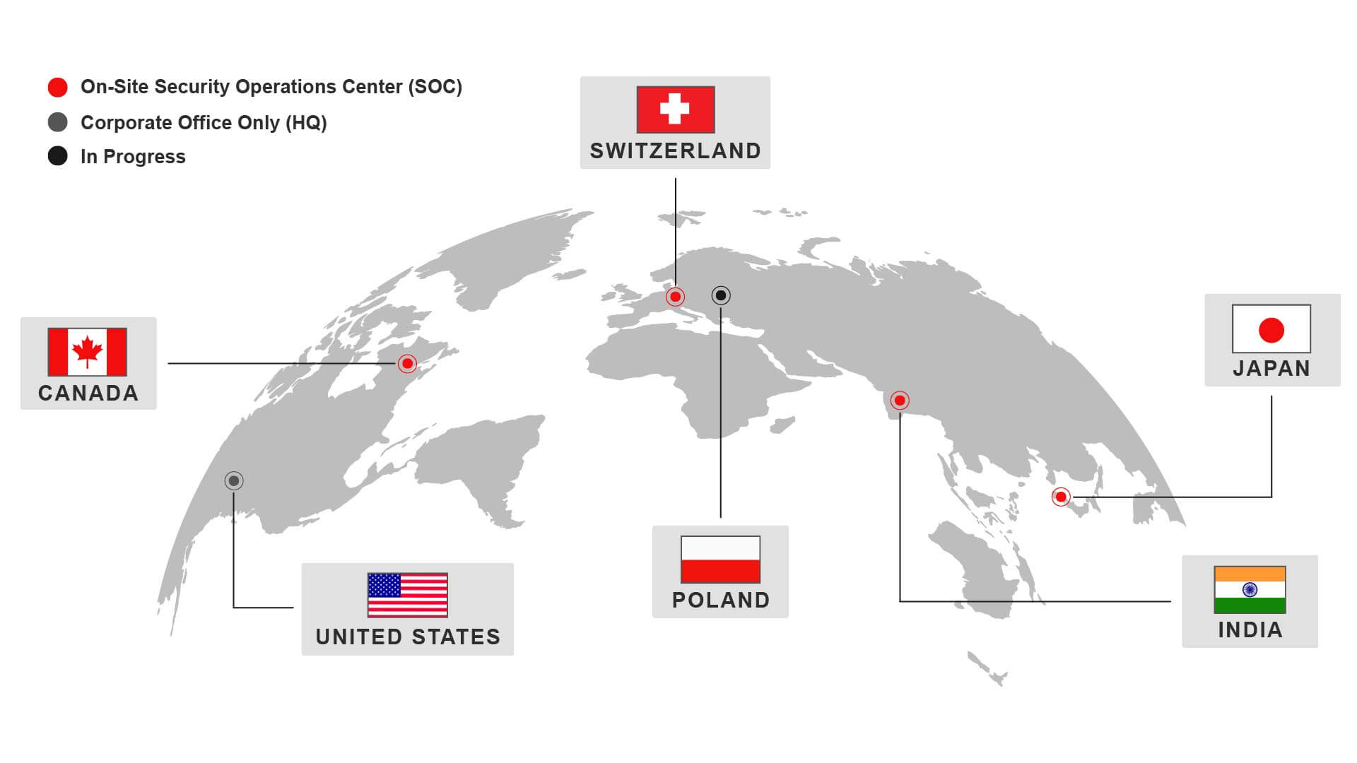 Map of Hitachi's on-site security operations centers and corporate offices around the world