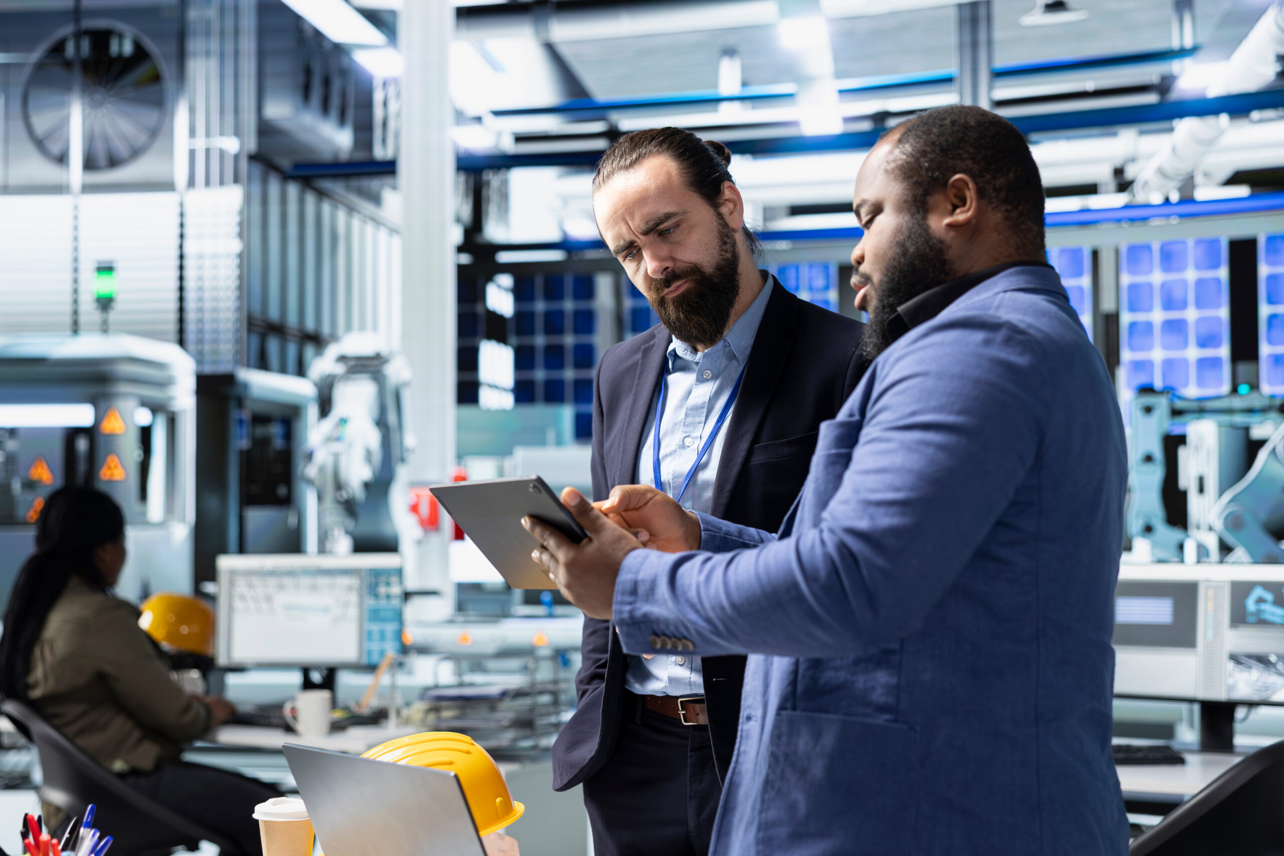 Downloaded Multiethnic specialists engineers doing teamwork on modern production line for solar panels power, combining technical insight and collaboration for renewable energy infrastructure.