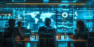 Security operations team monitoring global cyber threats on large digital dashboards displaying world maps, data charts, and real-time analytics in a high-tech control room.